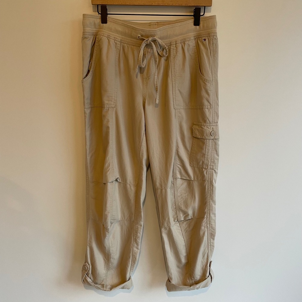 Tommy Hilfiger Women's Khaki Cargo Jogger Pants Baggy Elastic Waist Size S